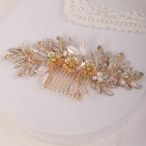 Missgrace Bride Wedding Crystal Pearl Leaf Hair Comb Silver Gold Bridal Hair Pieces Rhinestone Bridal Hair Clip Flower Hair Side Combs Wedding Hair Accessories for Brides Women (Gold)