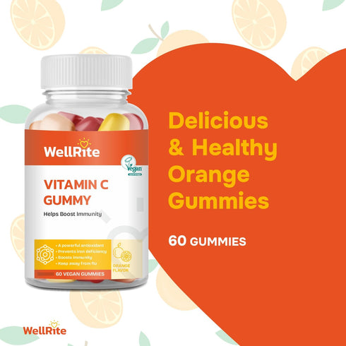 Vitamin C Gummy Vitamins which helps Boost Immunity, 60 Count, Orange Flavored, Vegan, Gelatin Free, Gluten Free, Nut Free, Boosts Immunity, Antioxidant, Prevents Iron Deficiency