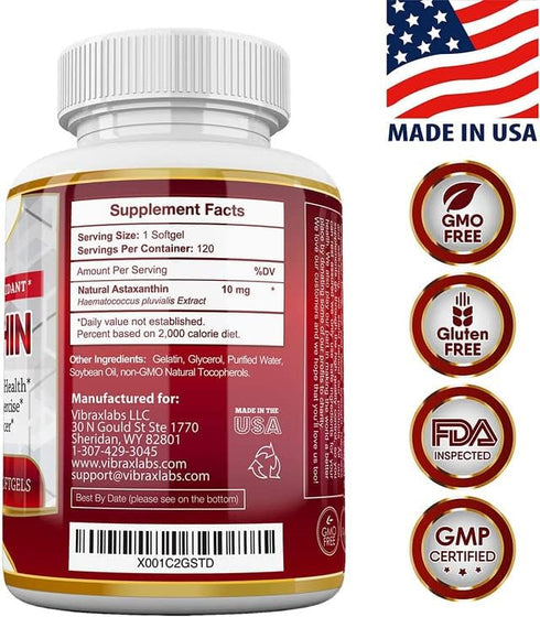 Astaxanthin 10mg Supplement - Best Pure Antioxidant from Microalgae, Helps Skin Care & Eye, Arthritic Joints, Healthy