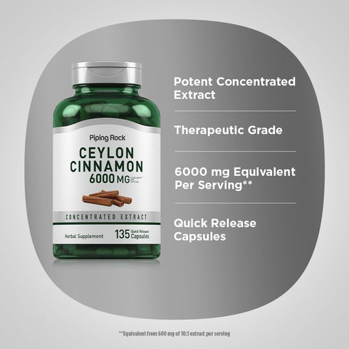 Piping Rock Ceylon Cinnamon Capsules 6000mg - 135 Count Herbal Extract Supplement - Non-GMO, Gluten Free for Health