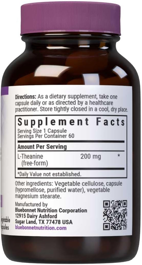 Bluebonnet Nutrition L-Theanine 200mg, 60 Vegetable Capsules - Promotes Relaxation, Vegan