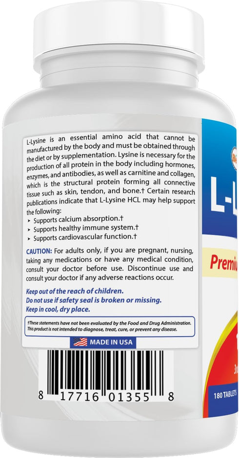 Best Naturals L-Lysine 1000mg, 180 Tablets for Immune Health & Cold Sores