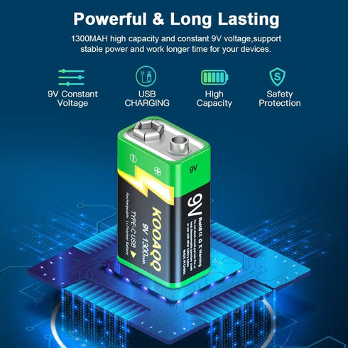 9V Rechargeable Batteries, High Capacity 1300mAh (2024 New Version) Rechargeable 9 Volt Square Batteries for Smoke Detector/Alarms,Metal Detector,Multimeter with 2 in 1 USB Charging Cable 2-Pack