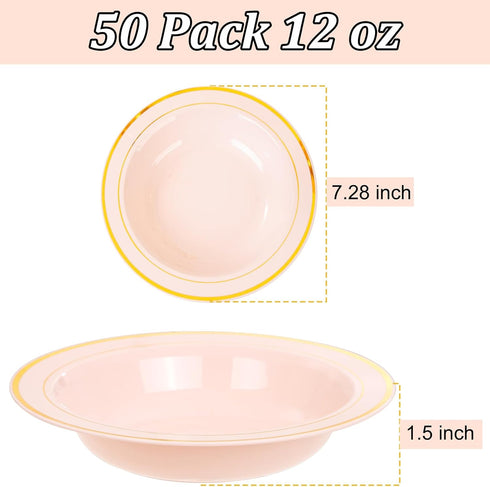 Nervure 50 Pack Pink Plastic Bowls with Gold Rim - 12oz Disposable Soup Bowls - Heavy Duty Dessert Bowls, Salad Bowls & Ice Cream Bowls for Weddings, Parties, Dinners, Catering, and Everyday Use