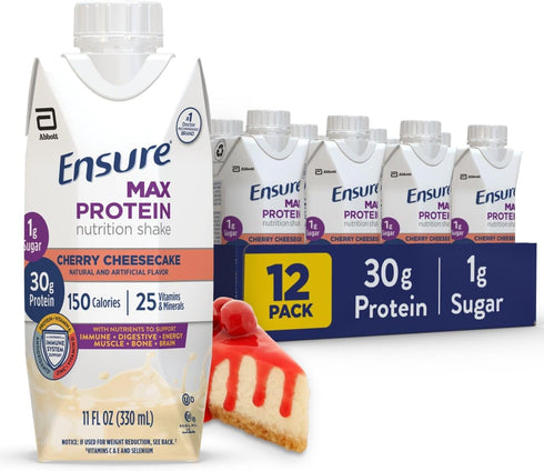 Ensure Max Protein Nutrition Shake, 30g Protein, 1g Sugar, High Protein Shake, Cherry Cheesecake, 11 fl oz (Pack of 12)