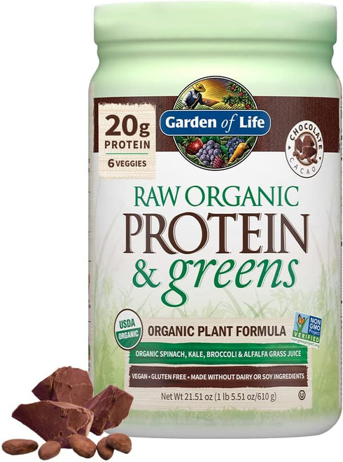 Garden of Life Raw Organic Protein & Greens - Chocolate Vegan Protein Powder, Dairy Free, Gluten Free, 20 Servings