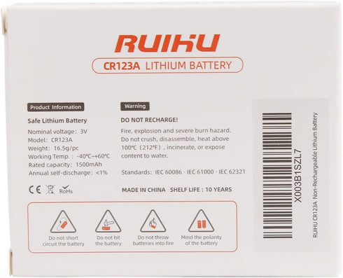 CR123A Lithium Battery, 10 Pack 3V 1500mAh Lithium Manganese Dioxide (Li-MnO2) for Flashlight Alarm Sensors
