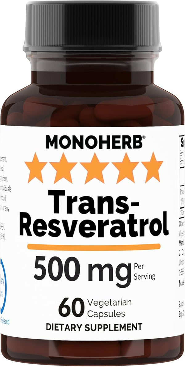 Trans Resveratrol 500 mg - 60 Veg Capsules, 250 mg per Capsule, Serving Size 2 Capsules: 500 mg, 30 Servings