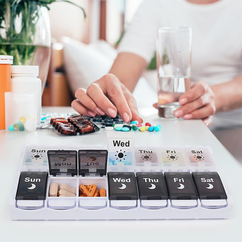 Package 2 7 HRX Pill Organizer Times a Day, Easy Fill & Open Weekly Medicine Box Vitamin Cases for Day AM PM