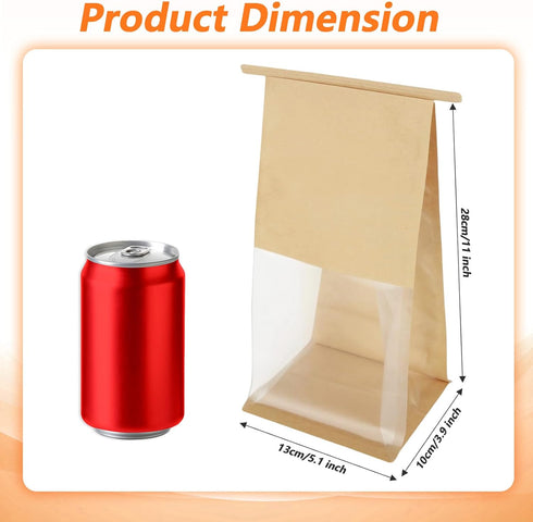 PercyEffie 100Pcs Packaging Favors,Popcorn(5.1x 3.9x 11Inch) Bakery Bags with Window,Tin Tie Tab Lock Bread Cookie Bags