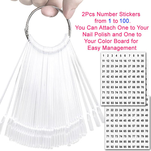 JASSINS 100 Pcs Clear Fan-shaped False Nail Swatch Sticks for Nail Polish Practice Display Art Tips with Metal Split