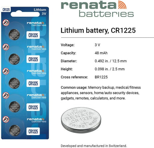 Renata CR1225 Batteries, 3V Lithium Coin Cell 1225 Battery (10 Count)