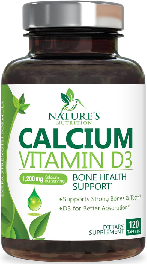 Calcium Supplement with Vitamin D - 1200 mg Calcium Carbonate with 1600 IU D3 Vitamins, 120 Tablets for Bone Health