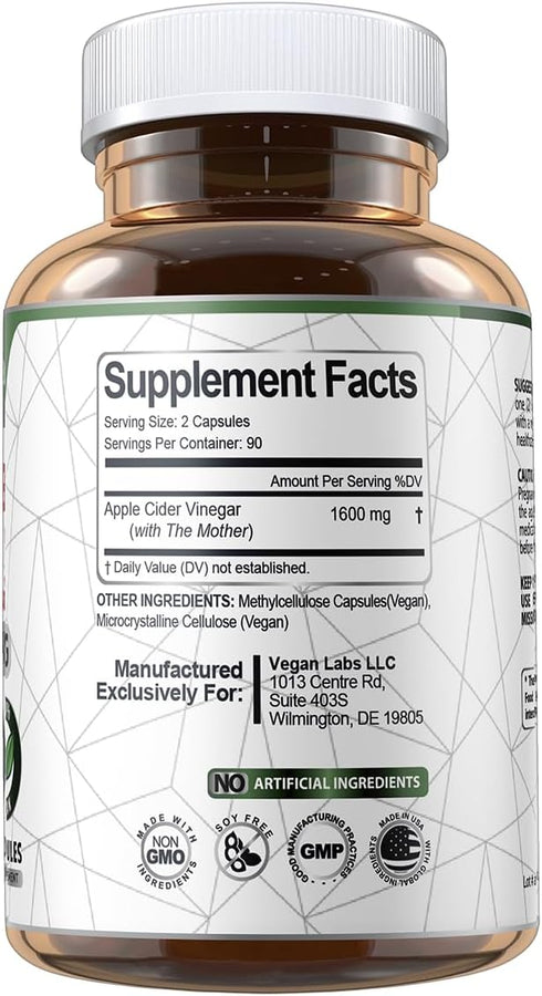Vegan Labs 180 1600MG 100% Immune Apple Cider Vinegar Capsules with The Mother- Vegan Capsules, Per Serving- Natural