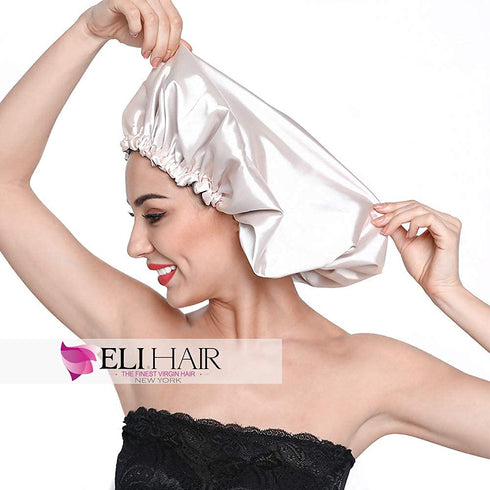 Stain Bonnet Adjustable Satin Sleep Cap, Reversible Double Layer X-Large Size in Champagne/Grey
