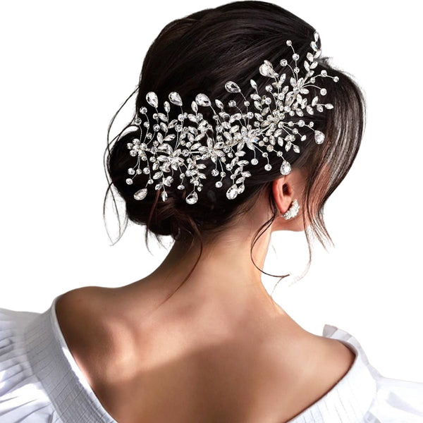 Wedding Headband Bridal Hair Pieces, Silver Rhinestone Hair Side Comb Accessories for Women (Right)
