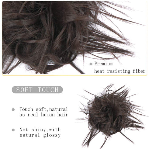 HMD Tousled Updo Messy Bun Hair Piece - Hair Extension Ponytail with Elastic Rubber Band for Women (Dark Brown)