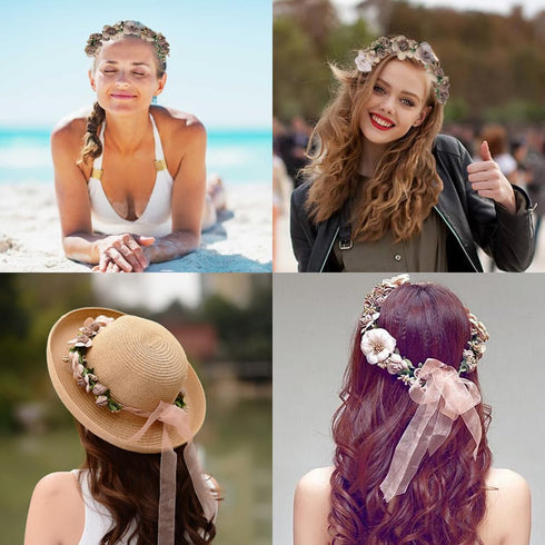 WLBON 3 Pcs Flower Headband and Wristbands, Rose Floral Leaf Hair Hoops, Accessories for Women Xmas Wedding Party