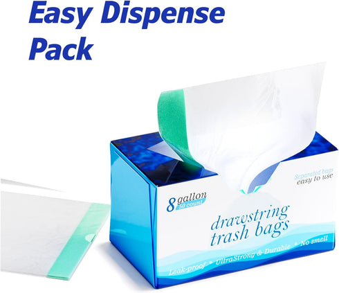 8 Gallon Drawstring Garbage Bags, 0.8 Mil Ultra Strong Medium Kitchen Trash Bags, 50 Count, White, Unscented