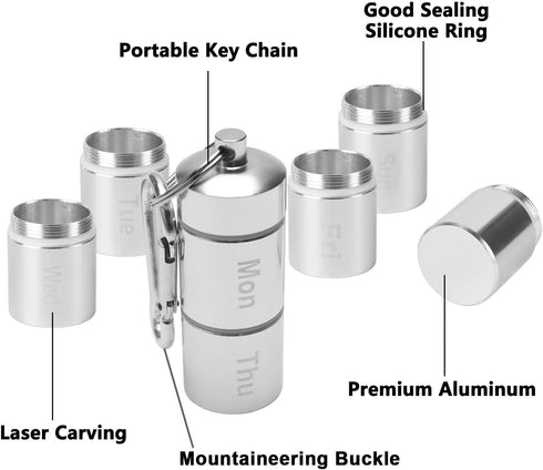 Messar 7 7 Days Pill Case, Portable Pill Box, Compartments Aluminum Alloy Weekly Pill Holder Waterproof Medicine