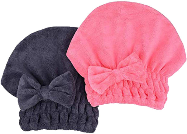 Microfiber Hair Drying Towels with Bow-Knot Shower Cap - Hair Turban for Curly Long Hair, 2 Pack