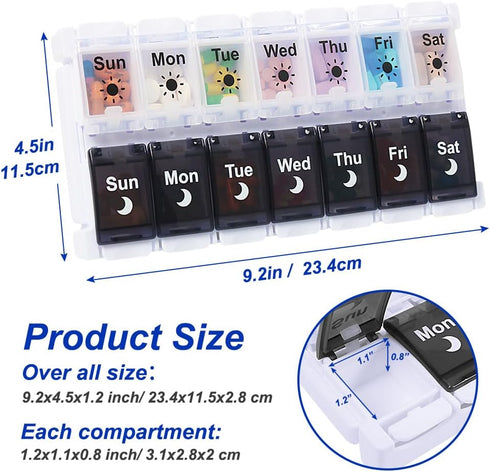 Package 2 7 HRX Pill Organizer Times a Day, Easy Fill & Open Weekly Medicine Box Vitamin Cases for Day AM PM