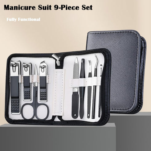 Mens Nail Grooming kit Manicure Set Clippers Cleaning Set And Pedicure Kit Travel Nail Kit Black 9-Piece Set Tweezer File Trimmer Cutter Adult Fingernail Nail Care Kit For Women