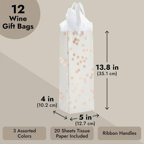Set Pack 12-13.8x5x4 3 Sparkle and Bash Wine Gift Bags - Polka Dot Foil Style & Assorted Wine Bags for Gifts - Complete