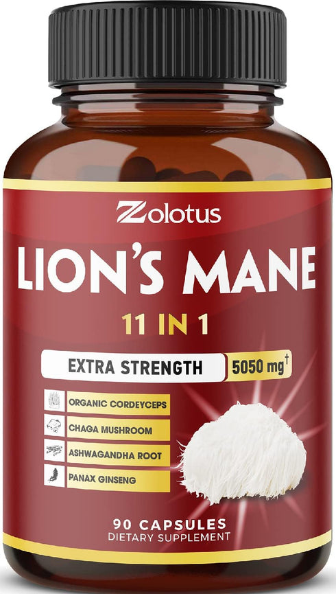 11 in 1 Lions Mane Mushroom Capsules, Equivalent to 5050mg, 3 Month Supply with Cordyceps, Reishi, Ashwagandha, Immune