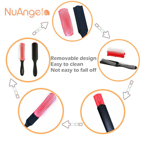 NuAngela Cushion 9 Row Nylon Bristle Brush for Curly Hair, Easy Clean Styling Hairbrush for Detangling