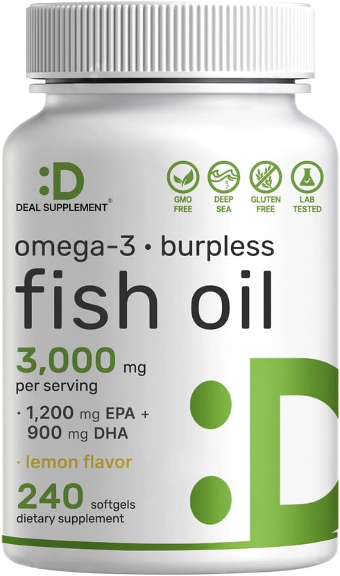 DEAL SUPPLEMENT Omega 3 Fish Oil Supplements - 3,000mg Per Serving, 240 Softgels for Brain & Heart Support