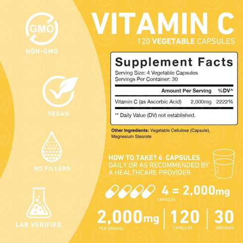 Double Strength Vitamin C Capsules 2000mg – High Absorption Antioxidant Supplement – 120 Capsules (1 Month Supply)