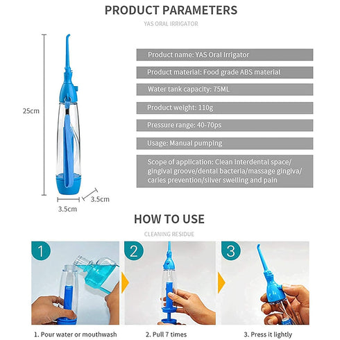 Portable Water Dental Flosser, Non-Electric Oral Irrigator, Cordless Manual Air Pressure for Home and Travel, Blue