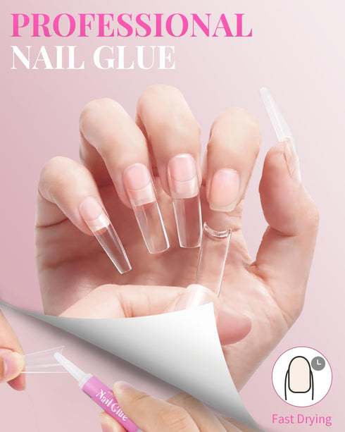 MORGLES Clear Acrylic Nail Tips - 500 Pcs French Nail Tips Square Half Cover with Glue, Clipper, and Files