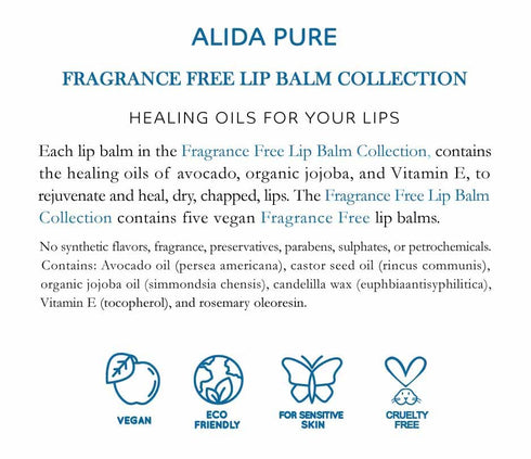 Vegan Fragrance Free Lip Balm Set, Unscented, 5 Tube Set, Organic Jojoba and Avocado Oil, Natural Moisturizer