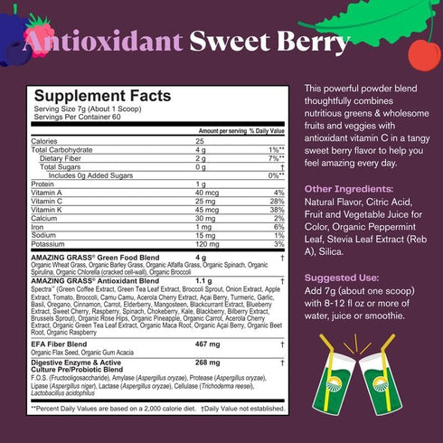 Amazing Grass Greens Superfood Antioxidant Powder: Organic Spirulina, Beet Root, Elderberry & Probiotics, Sweet Berry,