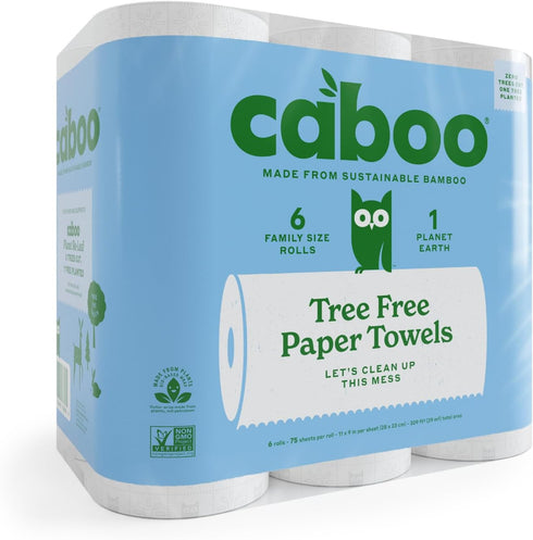 Caboo Tree Free Paper Towels, 6 Rolls, Eco Friendly, Sustainable Kitchen Paper Towels with Strong 2 Ply Sheets