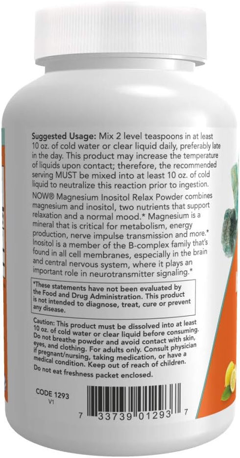 NOW Supplements Magnesium Inositol Powder - Nervous System Support, Fizzy Lemonade Flavor