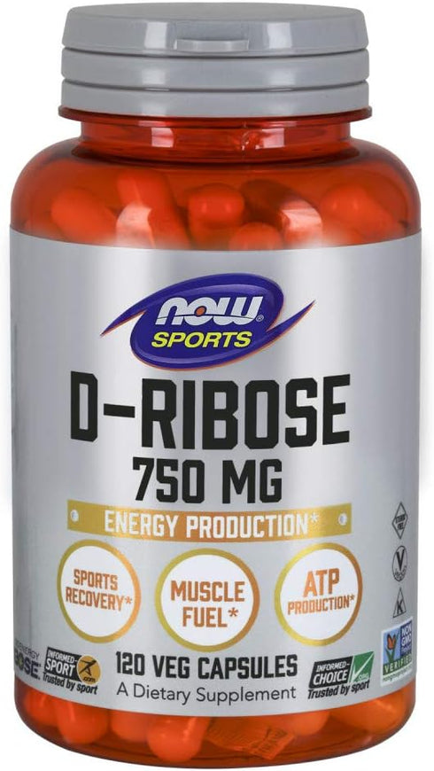 NOW Sports Nutrition D-Ribose 750 mg, Certified Non-GMO, 120 Veg Capsules