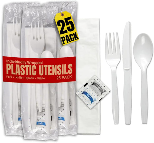 25 Pack Disposable Plastic Cutlery Packets, Individually Wrapped Spoons and Forks with Napkin Salt Pepper