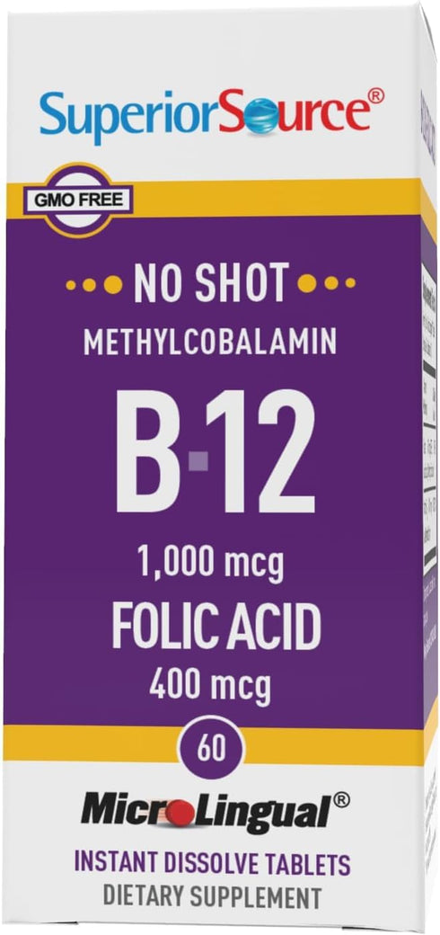 Superior Source No Shot Vitamin B12 Methylcobalamin, 1000 mcg, 60 Count, Quick Dissolve MicroLingual Tablets