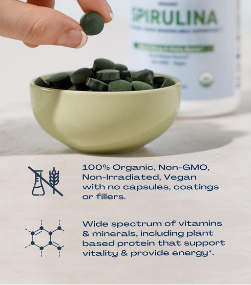 Organic Spirulina Tablets - Organic, Non-GMO, No Additives or Fillers - 500mg Premium Quality Dietary Supplement, 120