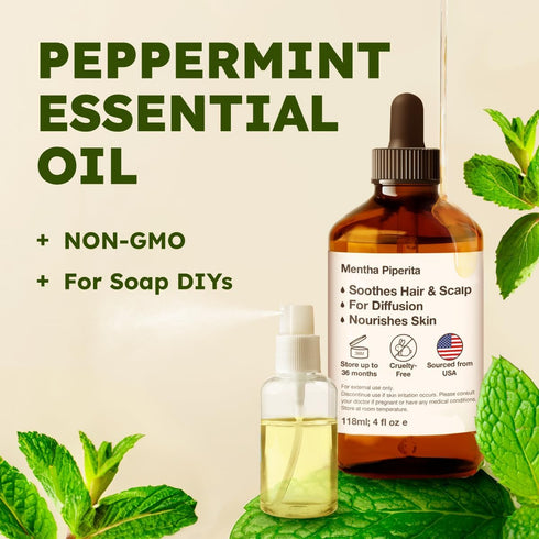 Set Set 2x4 oz Basil Essential Oil for Diffusers & Peppermint Oil for Hair - Aromatherapy Grade Essential Oils - fl