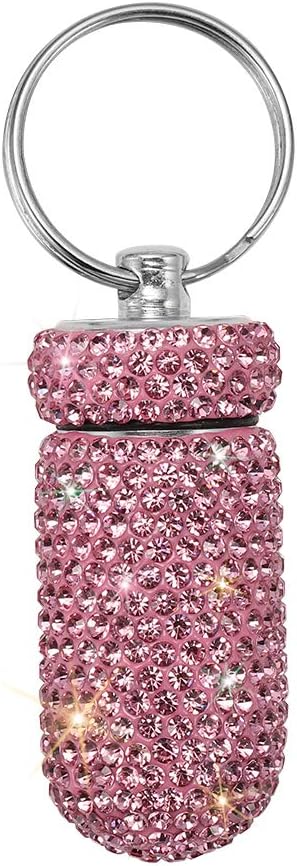 Portable Waterproof Pill Case Holder with Keychain, Bling Pill Box for Outdoor Camping Travel, Pink