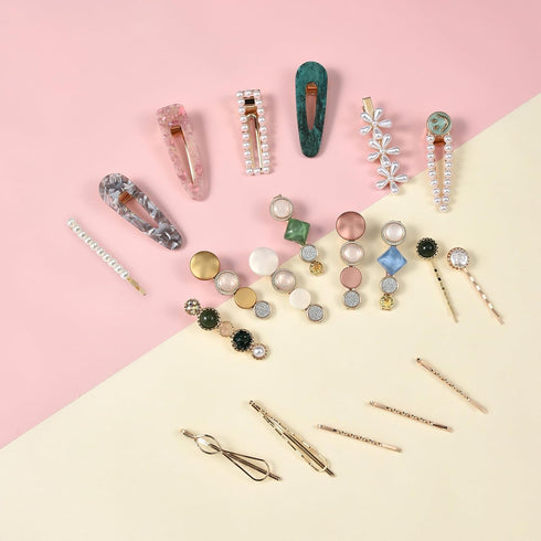 Mehayi 20 PCS Handmade Hair Clips, Pearls and Acrylic Resin Barrettes, Glitter Crystal Geometric Hairpin, Elegant Gold