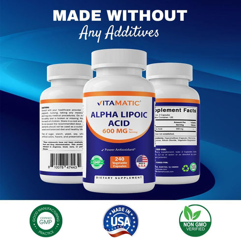 Alpha Lipoic Acid (ALA) 600mg by Vitamatic - 240 Vegetable Capsules, Non-GMO & Gluten Free, 120 Servings