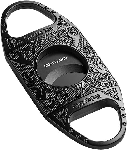 CIGARLOONG Black Engraved Stainless Steel Cigar Cutter with Double Blades