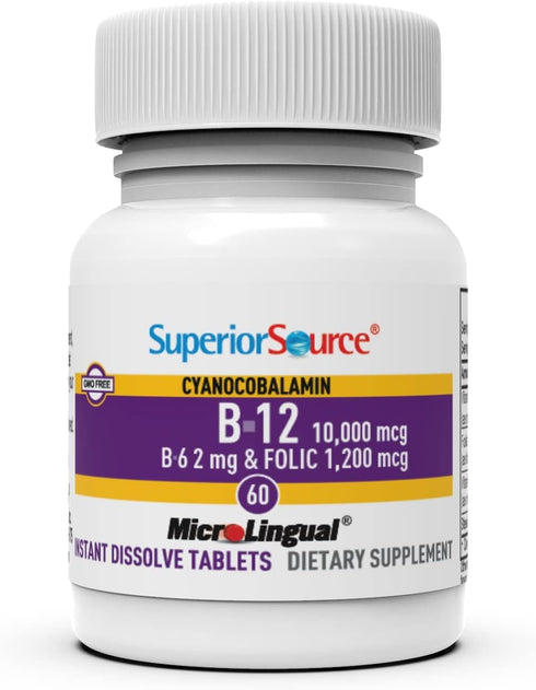 Superior Source No Shot Vitamin B12 Cyanocobalamin (10000 mcg), B6, Folic Acid, Quick Dissolve Tablets, 60 Count
