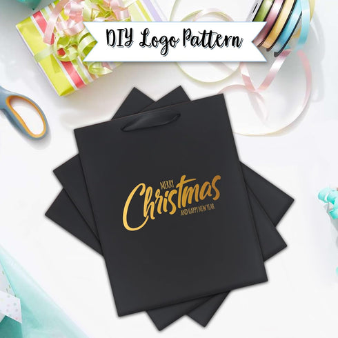 QIELSER 12 Pack Black Gift Bags with Ribbon Handles, Kraft Paper Gift Bags with Tissue Paper in 3 Sizes for Parties