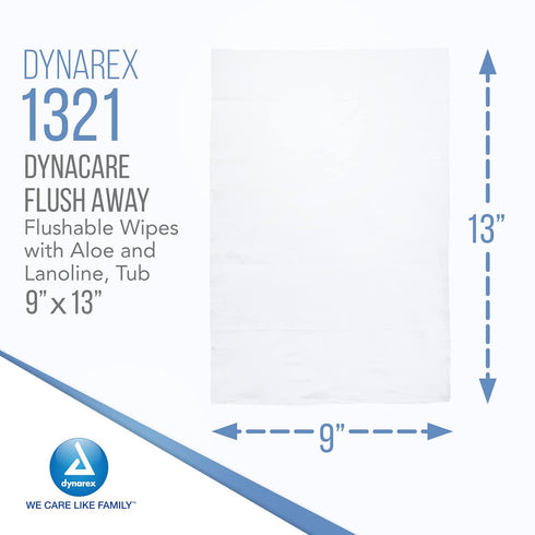 Dynarex DynaCare Flushable Wipes, Bathroom Hygiene Wipes for Adults, Alcohol Free, Safe for Sewers and Septic Systems, 9” x 13” wipes, 1 Tub of 60 Wipes